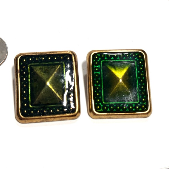 Green & Antiqued Brass Colors Rectangular Earrings Post Backs - Picture 4 of 5